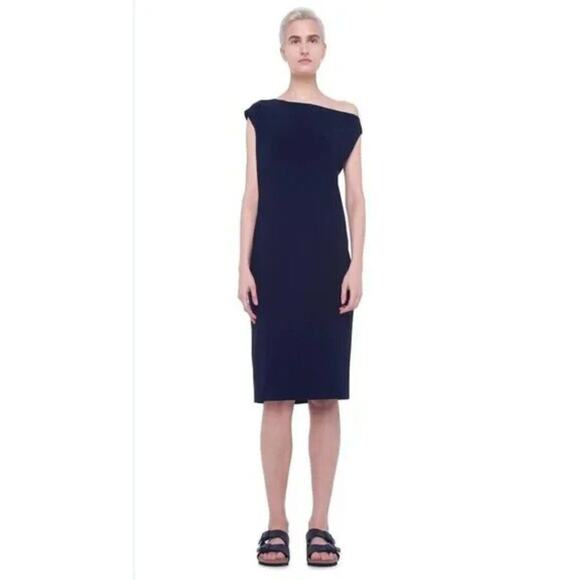 NORMA KAMALI Sz S Small Navy Blue Drop Shoulder Asymmetric Shift Dress Jersey - Picture 1 of 12